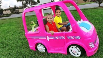 Pink Toy Car Fun with Happy Kids Playing Outside and Sharing Adventures