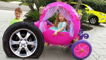 Kids Enjoy a Pink Toy Car Ride with Fun Outdoor Play and Friendly Smiles