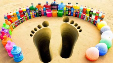 Giant Footprint Holes in Sand with Colorful Bottles and Fun Surprise Play