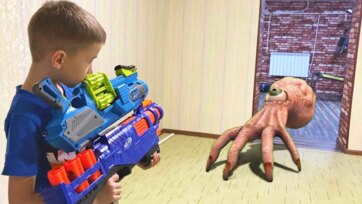 Brave Kid Battles Wacky Monster with Toy Blaster Indoor Adventure