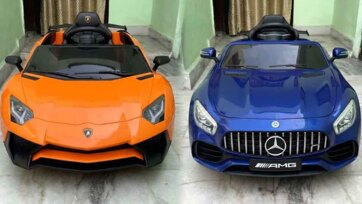 Orange Lamborghini vs Blue AMG Ride-On Car Adventure for Kids