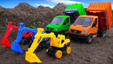 Colorful Toy Excavators and Dump Trucks Digging in Sand Adventure